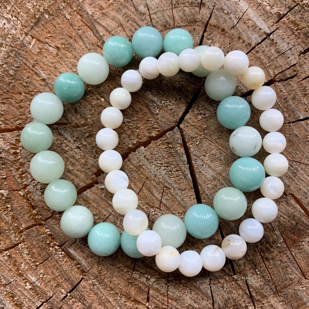 Turquoise Amazonite + White Shell Stack Bracelet